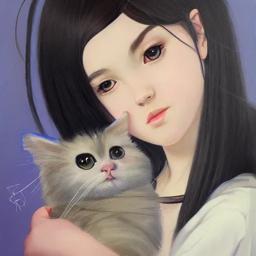 Image similar to a painting of cute innocent happy emo young adult, with long dark hair, thick eyebrows, dark eyes and dark circles wide nose, big eyes, oval face, big cheeks holding her cat, photorealistic painting by tran nguyen ilya kuvshinov and greg rutkowski featured on deviantart, detailed painting