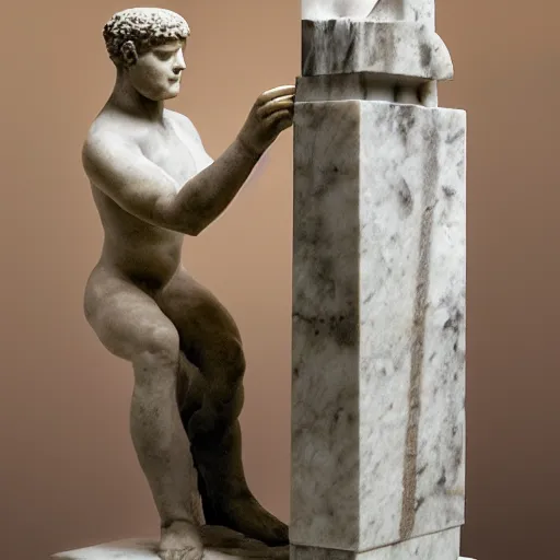 Prompt: a roman marble sculpture a person using a computer