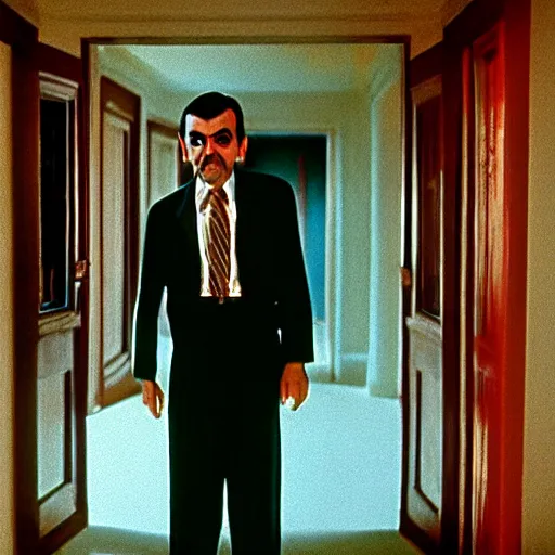 Image similar to mr bean in the shining. here is johny! movie still, cinematography, cinematic lighting