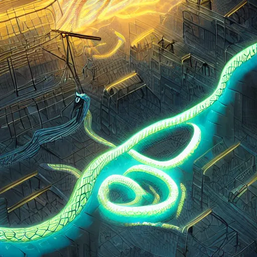 Prompt: colossal snake made of electricity destroying a futuristic town, digital art, highly detailed