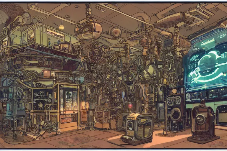 Image similar to front view on steampunk communication room with big vapor tubes and computers, mad scientist working, giant video screens, sci - fi vending machine, big plants, retrofuturism, concept art by mucha and moebius and victo ngai, clean line, diesel punk