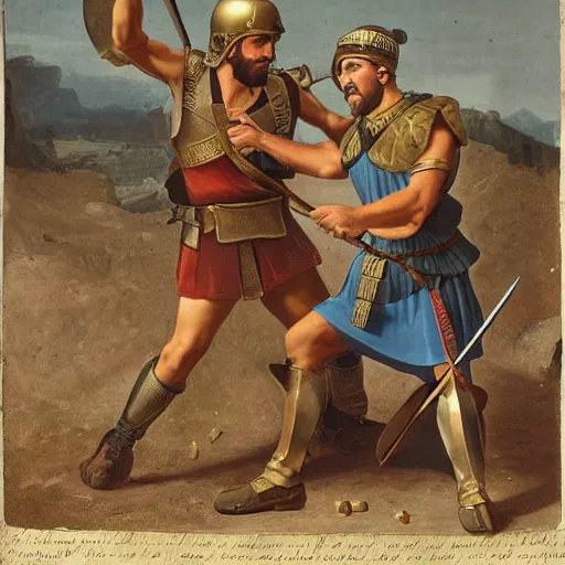 Prompt: roman soldier fighting against hoplite soldier