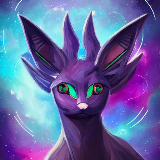 Image similar to geometric symmetrical espeon with galaxy eyes in space, nebula in the background, intricate, elegant, highly detailed, digital painting, artstation, concept art, smooth, sharp focus, illustration, art by artgerm