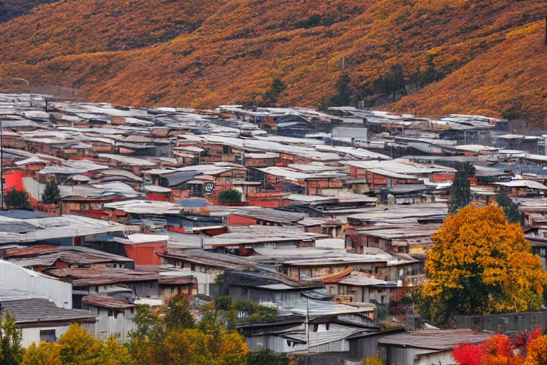 Image similar to warehouses lining a street, with an autumn mountain directly behind, lens compressed, photography