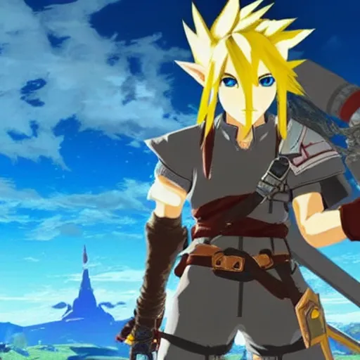 Prompt: Cloud Strife in The Legend of Zelda Breath of the Wild
