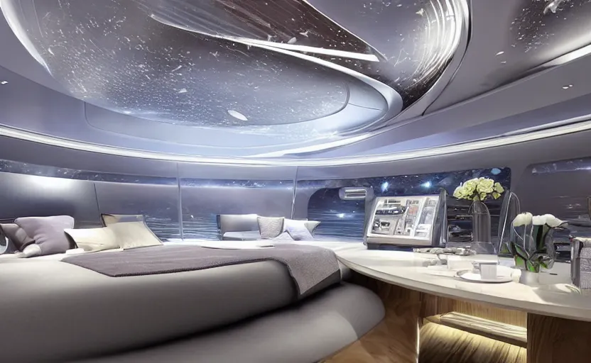 Image similar to luxury suite abord aeon station, the first space hotel