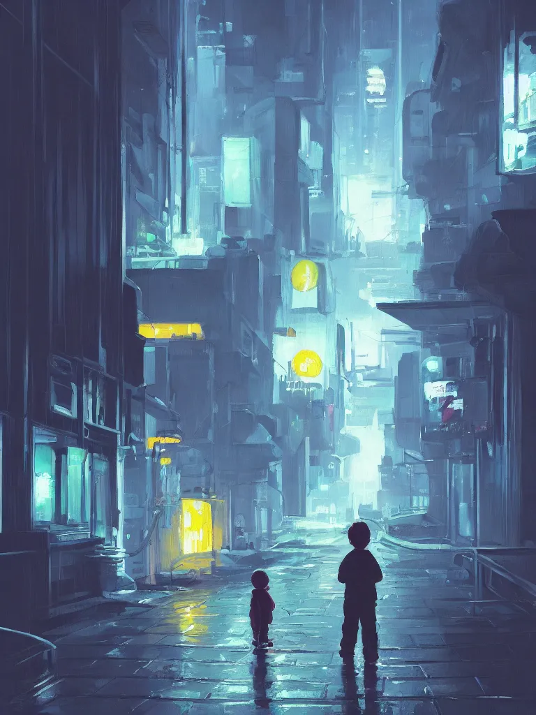 Prompt: a single little boy in a dark alley in a big city with neonlights by night a painting from stalenhag, 4 k, 8 k, hdr, artstation, concept art
