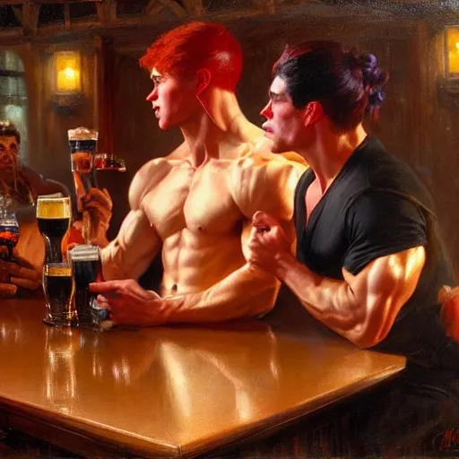 Image similar to attractive muscular mike with red hair with muscular attractive tyler with black hair, drinking their hearts out, in a pub. very defined and highly detailed painting by gaston bussiere, j. c. leyendecker, craig mullins 8 k