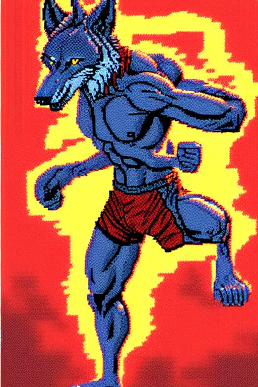 Prompt: extreme long shot. 8 bit nes graphics. hermann nitschantropomorphic muscular masculine wolf. kickboxer fighter in shorts. wolf head. art from nes game cartridge,