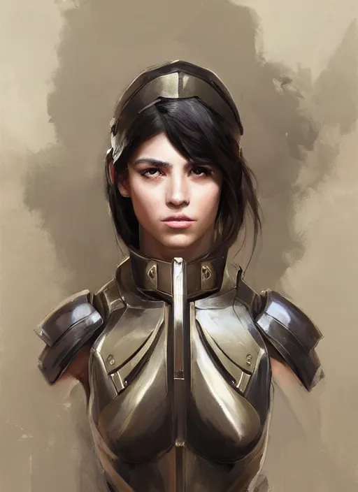 Image similar to a professional painting of a beautiful young female, clothed in military armor, olive skin, long dark hair, beautiful bone structure, symmetrical facial features, intricate, elegant, digital painting, concept art, smooth, sharp focus, illustration, from Metal Gear, by Ruan Jia and Mandy Jurgens and Artgerm and William-Adolphe Bouguerea