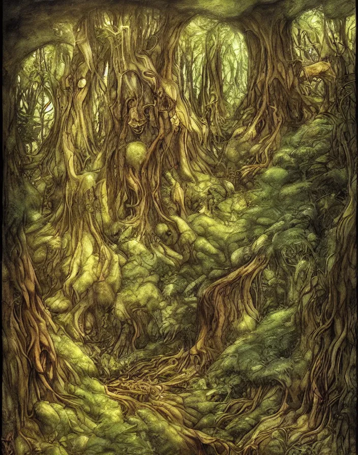 Prompt: painting of a forest by Tony Diterlizzi and Brian Froud, cinematic, breathtaking, beautiful composition, painterly