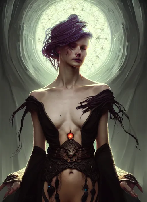 Image similar to Necromancer Sorceress, fantasy magic, undercut hairstyle, dark light night, intricate, elegant, sharp focus, illustration, highly detailed, digital painting, concept art, matte, art by WLOP and Artgerm and Greg Rutkowski and Alphonse Mucha, masterpiece