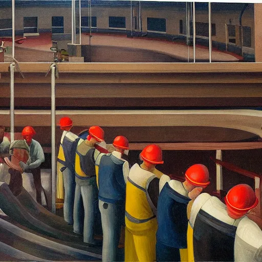 Prompt: hydroelectric dam interior, turbines, workers in hardhats, grant wood, pj crook, edward hopper, oil on canvas