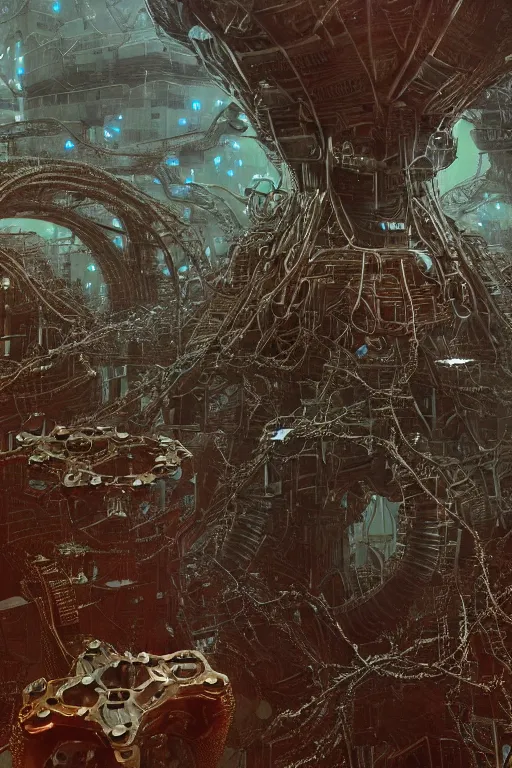 Prompt: interstellar spacetime dystopía made of bits of data | moods by Beeple toothwu gurney Beksiński | hard surface rendering; 3D realistic materials;cybersteampunk | geometry of various pieces of interconnected rusted metallic radial gears, chains, gizmos, cogs, sprogs | touch of skyblue science fiction fantasy