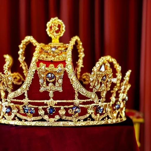 Image similar to a large ornate crown with sapphires and engraved runes, placed upon a crimson altar, photo