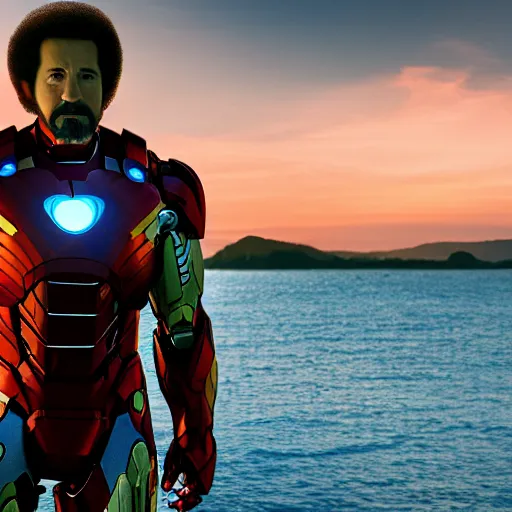 Image similar to a still of Bob Ross as Ironman. Magic Hour. Professional photography, 4K. Mood