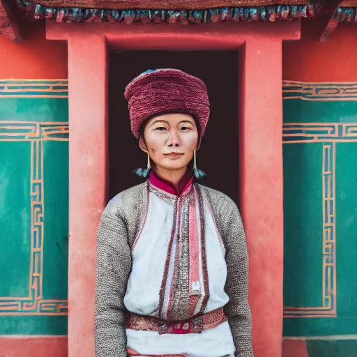 Prompt: Portrait of a seemly prettyish atypical woman in a chocolate-box Tibetan architecture by Erik Jones, trending on Unsplash