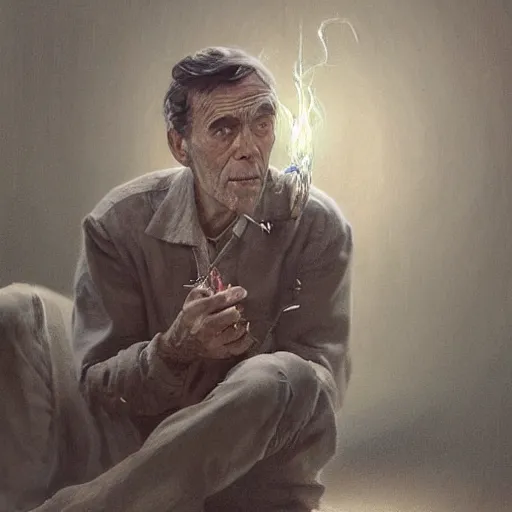 Prompt: a highly detailed epic cinematic concept art CG render digital painting artwork costume design: Henry Fonda as a 1950s tired disillusioned poet, barefoot, holding a small cigarette between his fingers. volumetric lighting. By Greg Rutkowski, in the style of Francis Bacon and Syd Mead and Norman Rockwell and Beksinski, open ceiling, highly detailed, painted by Francis Bacon and Edward Hopper, painted by James Gilleard, surrealism, airbrush, Ilya Kuvshinov, WLOP, Stanley Artgerm, very coherent, triadic color scheme, realistic facial expression, art by Takato Yamamoto and James Jean