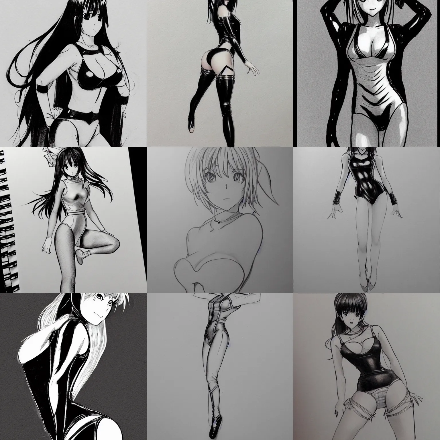 Prompt: beautiful aesthetic inspirational masterful professional ink pen liner sketch of a 1 9 9 0 s anime manga japanese girl posing in latex leotard, marvel style, concept art, fine details, trending on artstation, high quality paper, instagram photo. art university academy work, gnomon, calarts