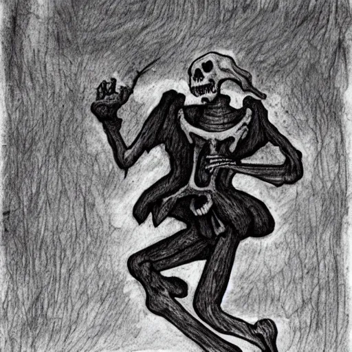 Image similar to A Skelton dancing in a grave yard, gloomy, dark, night time, foggy, dark colored, atmospheric