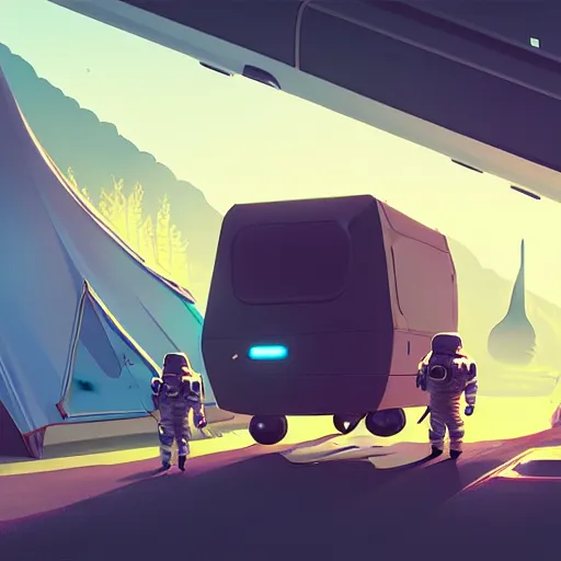 Prompt: ilustration astronaut unloading the spaceship before camping, characterized by roman shipunov, etienne hebinger, atey ghailan, cgsociety, cynical realism, fantasy art, 2 d game art