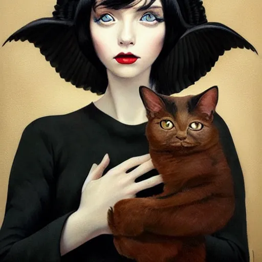 Image similar to a painting of a woman holding a cat, a photorealistic painting by tran nguyen and ilya kuvshinov, featured on deviantart, gothic art, goth, gothic, detailed painting