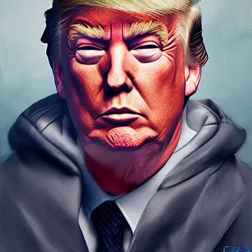 Image similar to donald trump wearing hood, ( eos 5 ds r, iso 1 0 0, f / 8, 1 / 1 2 5, 8 4 mm, postprocessed, crisp face, facial features ), art by greg rutkowski