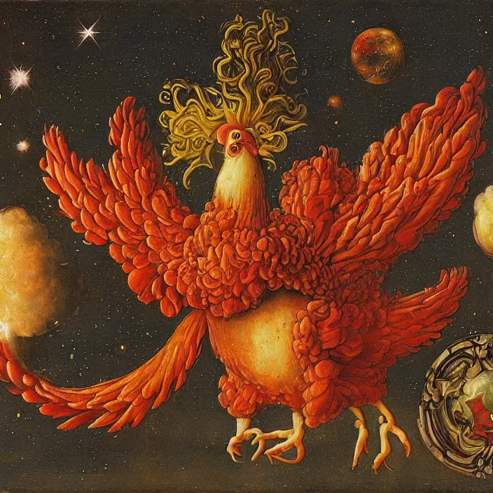 Prompt: a chicken in an infinite hall in space, chicken nebula, infinite chicken, by jan van eyck