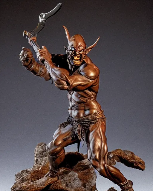 Image similar to a full figure rubber sculpture of running Orc holding a sword, by Frazetta and Bernini, dramatic lighting, wide angle lens