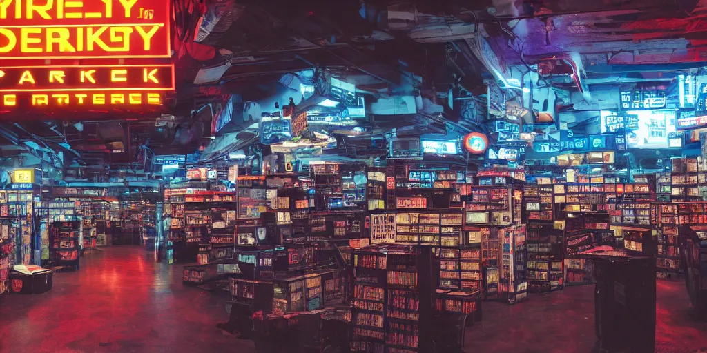 Prompt: a gritty cyberpunk Blockbuster Video marketplace
