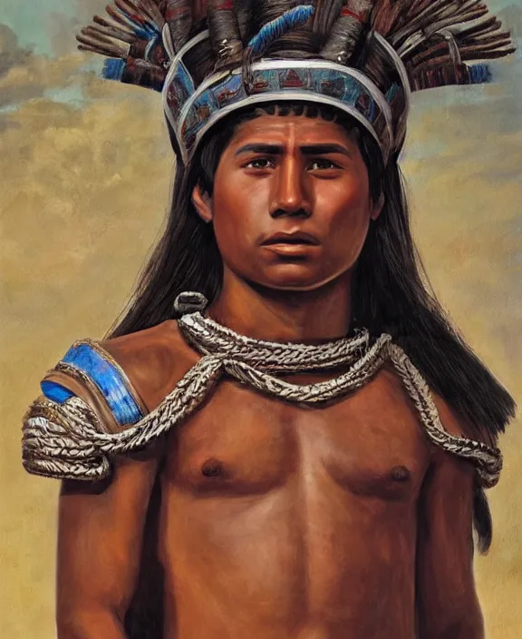 Image similar to portrait of a handsome young mayan warrior in yucatan, art by denys tsiperko and franz xaver kosler and bogdan rezunenko, hyperrealism