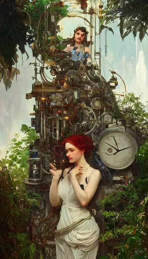 Image similar to hyper realistic time machine schematics, cyberpunk, design on white background, beautiful details, lush foliage, drawn by john singer sargent, tom bagshaw, norman rockwell, alphonso mucha, lolish, trending on artstation