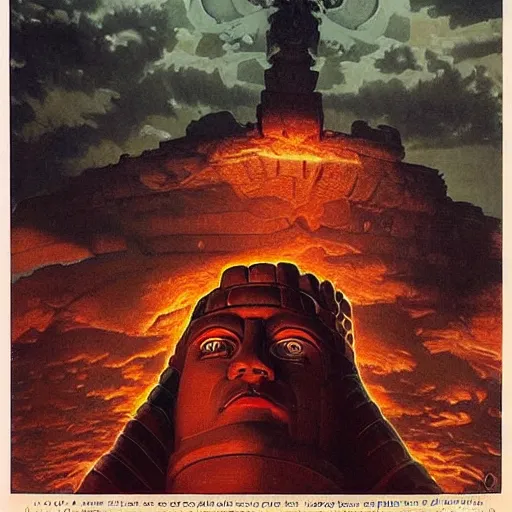 Image similar to giant mayan joe biden!!!!!!!!!!!!!!!!!!!!!!!! with flaming eyes standing over city, perfectly clear face, by j. c. leyendecker and beksinski