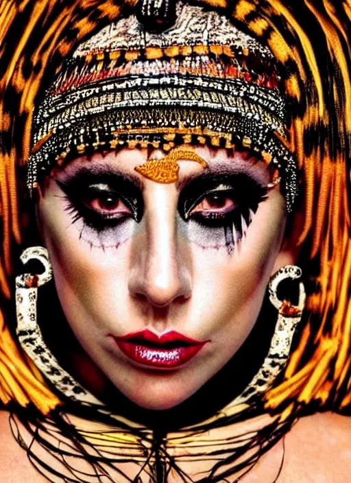 Prompt: lady gaga as a tribal woman, intricate, cinematic lighting, highly detailed, canon 3 5 mm photography, horizontal symmetry, smooth, sharp focus