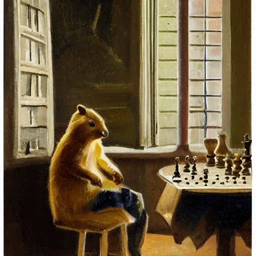 Image similar to a quokka playing chess inside a cozy victorian living room, in the style of anders zorn