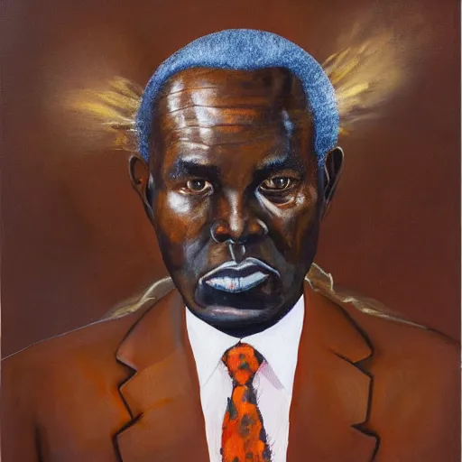 Image similar to a painting of a fatherly wide forehead, round face, XXL , loving, caring, generous, ever-present, humble, wise elder from Kenya in a suit by Wangechi Mutu . Fatherly/daddy, focused, loving, leader, relaxed,. ethereal lights, details, smooth, sharp focus, illustration, realistic, cinematic, artstation, award winning, rgb , unreal engine, octane render, cinematic light, macro, depth of field, blur, red light and clouds from the back, highly detailed epic cinematic concept art CG render made in Maya, Blender and Photoshop, octane render, excellent composition, dynamic dramatic cinematic lighting, aesthetic, very inspirational, arthouse.