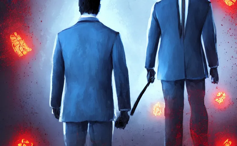 Image similar to cinematic view from behind a dead by daylight killer lawyer wearing a blue business suit, character portrait, digital art