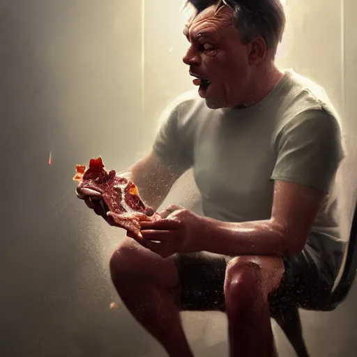Image similar to viktor orban sitting on the toilet and eating bacon by greg rutkowski, highly detailed, octane render, 4 k, 8 k, hdr, cgsociety, amazing lightning, masterpiece