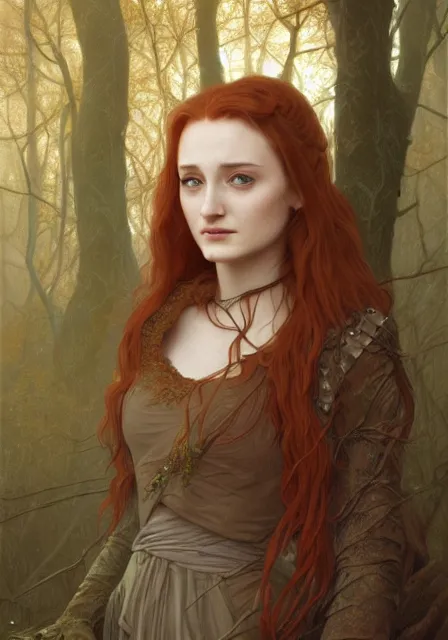 Prompt: portrait of sansa stark in foggy forest, autumn, november, intricate, elegant, highly detailed, digital painting, artstation, concept art, smooth, sharp focus, illustration, art by artgerm and greg rutkowski and alphonse mucha and william - adolphe bouguereau