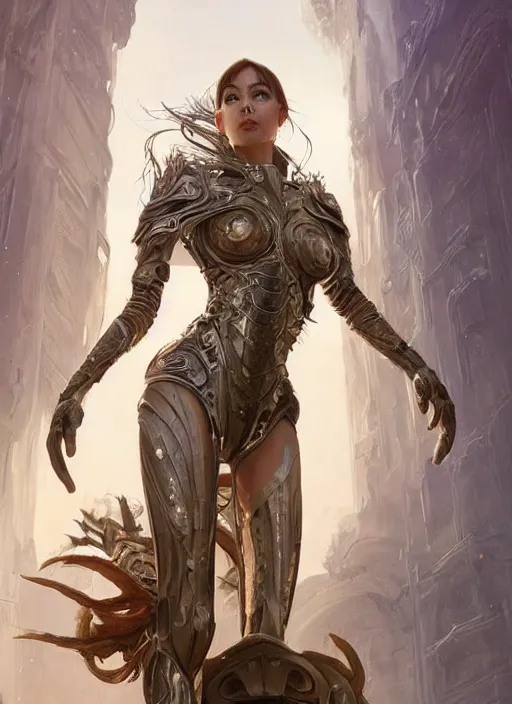 Image similar to a professional painting of a beautiful young female alien, clothed in ethereal armor, olive skin, long dark hair, beautiful bone structure, symmetrical facial features, intricate, elegant, digital painting, concept art, smooth, sharp focus, illustration, from Valerian and the City of a Thousand Planets, by Ruan Jia and Mandy Jurgens and Artgerm and William-Adolphe Bouguerea