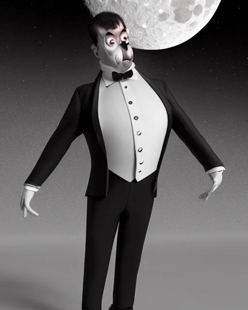 Image similar to a man in a tuxedo with a full moon on his head, an ambient occlusion render by Igor Morski, featured on cgsociety, pop surrealism, rendered in cinema4d, rendered in unreal engine, octane render