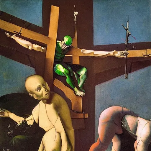 Image similar to a futuristic crucifixion of a green alien messie, great sadness, painting, style of caravaggio