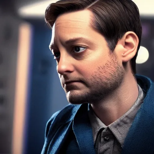 Image similar to tobey maguire as a man with a scruffy beard in a dark blue trenchcoat as the new doctor who, cinematic, volumetric lighting, f 8 aperture, cinematic eastman 5 3 8 4 film, photorealistic