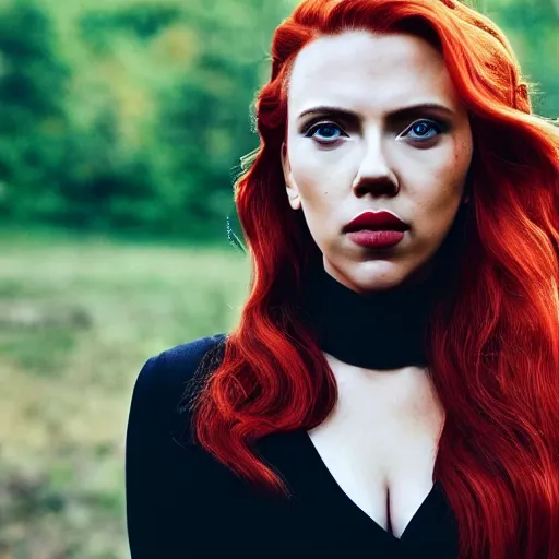 Image similar to close - up photo still of scarlett johansson looking off into the distance, long red hair, black dress, golden hour, photorealistic, ultra detailed, intricate, natural light falling on her face. the focus is on her eyes and brows, fujifilm x - pro 2, by annie leibowitz