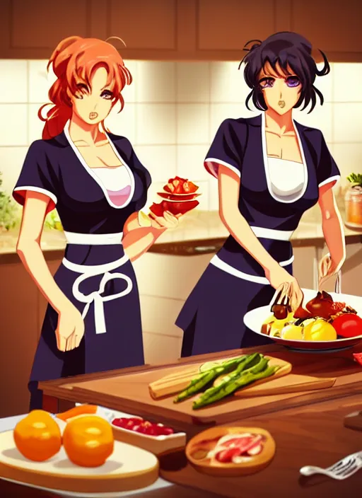 Prompt: two beautiful housewives in the kitchen on a hot summer evening, gorgeous faces, thick lines, cinematic lighting, detailed anime art