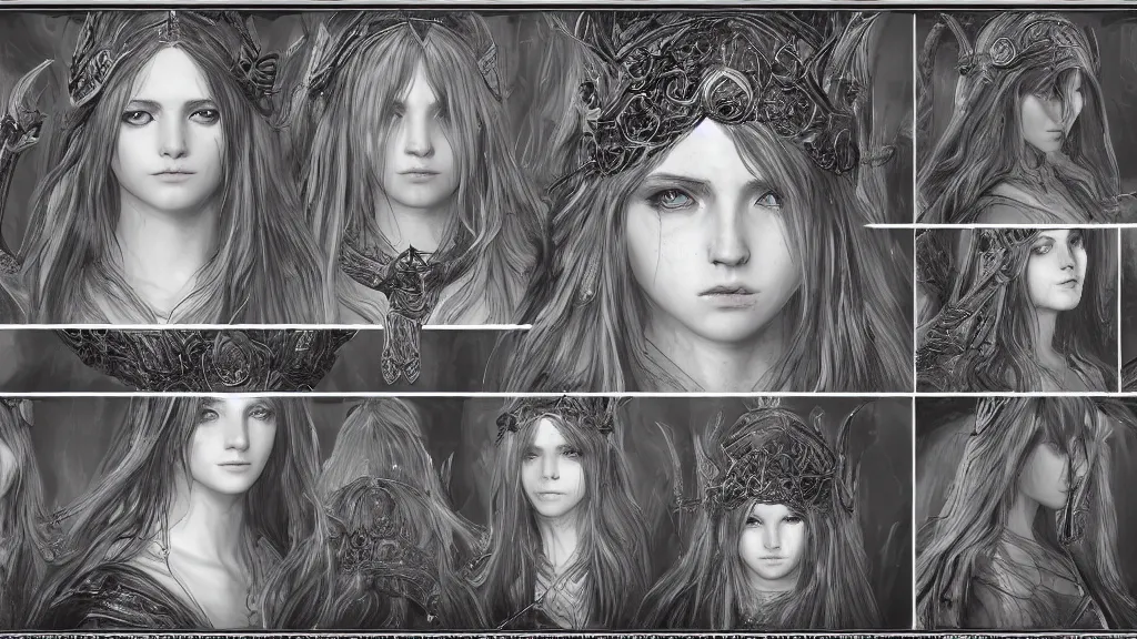 Image similar to concept art sheet, photorealistic symmetrical beautiful young female priestess with shiny hair wearing full intricate clothing, intricate, cg society, Elden Ring, darksouls, bloodborne