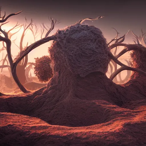 Image similar to rhizomuse, diorama, stunning photo, artist impression, cgsociety, abstract sculpture, warm ambient lighting, glow, deep shadows, hyperdetailed, 8K