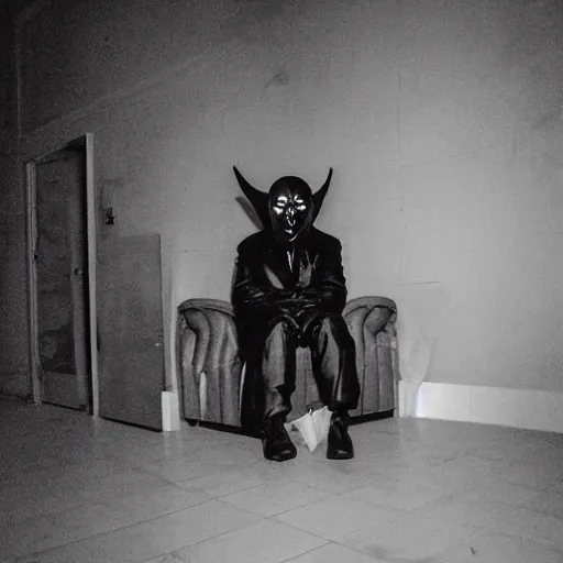 Image similar to creepy Liminal interior of Sad Satan, masked person in corner, in the style of 35mm flash photography, award winning photograph,