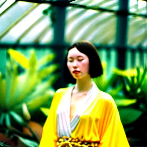 Prompt: Photograph. Film still. of a young woman!!! wearing a yellow kimono in a tropical greenhouse, 4K. 35 mm lens, bokeh