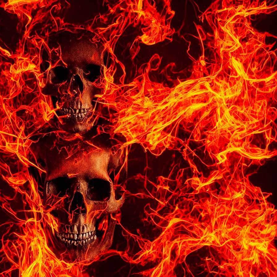Prompt: studio photographic portrait of a skull on flames, burning red hot sparks rise, fiery orange glowing flying particles, ornate, stunning, cinematic, shadow, smoke, intricate digital art, abstract art, realistic photo, sharp focus, high resolution, high quality, dramatic lighting, masterpiece, artgem, trending on artstation